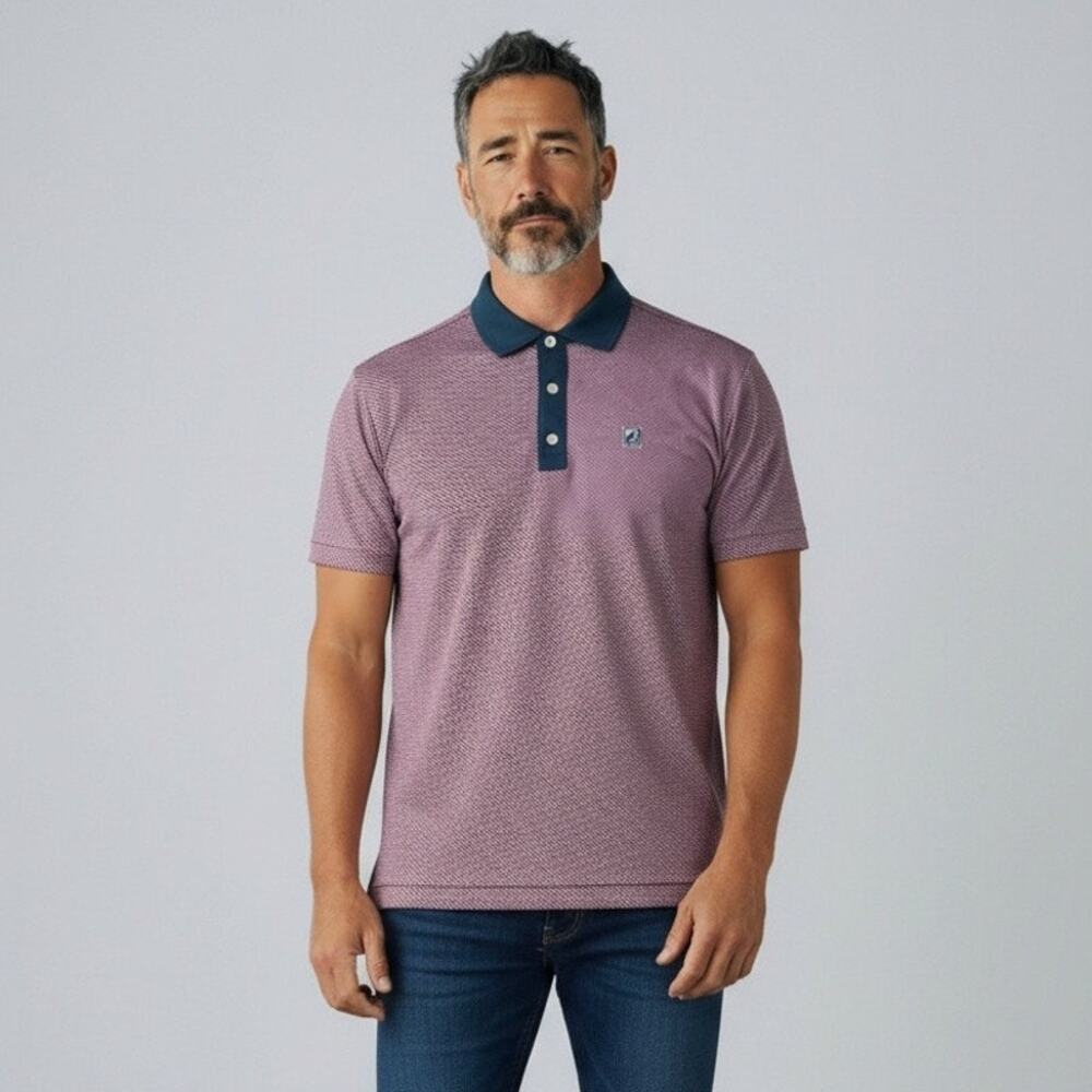 FootJoy Golf Polo Shirt Mens M Red Blue Geometric Short Sleeve Slit Hem Classic